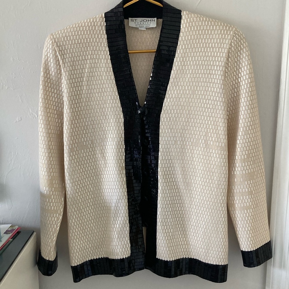 St. John Marie Gray evening Cream and Black Cardigan Sweater